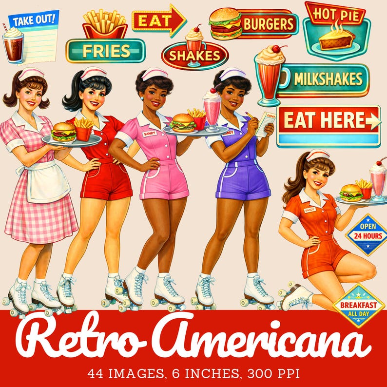 May include: Retro Americana digital art featuring waitresses on roller skates, serving burgers, fries, and milkshakes. Signs read "Take Out," "Eat," "Fries," "Shakes," "Milkshakes," "Eat Here," "Open 24 Hours," and "Breakfast All Day." The image is 6 inches wide.
