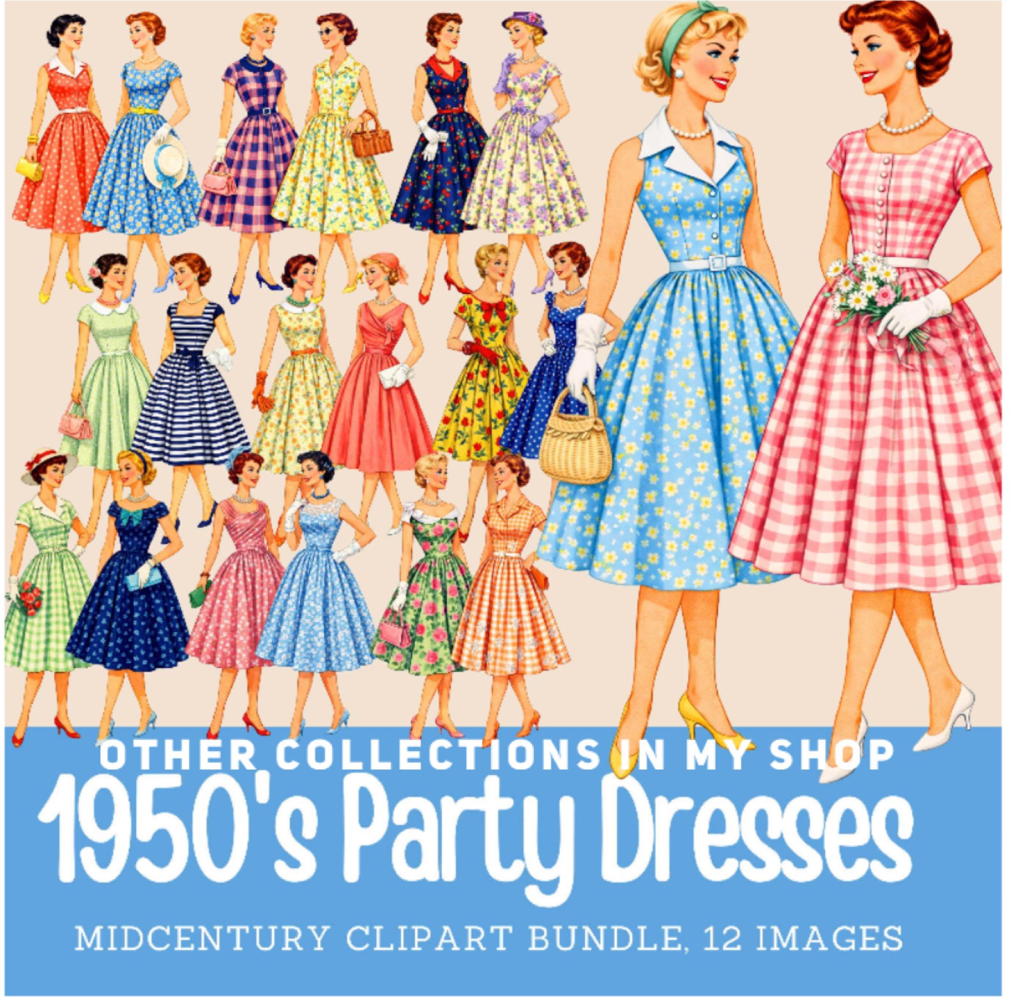 1950s Fashion Clip Art: Mid-century Ladies Dresses (digital Images