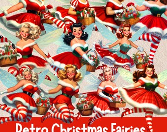 Retro Christmas Fairy Clipart Bundle: Vintage Digital Images (Commercial Use PNGs)