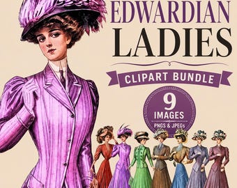 Bundle de cliparts mode édouardienne : images numériques de femmes vintage (PNG, JPEG)