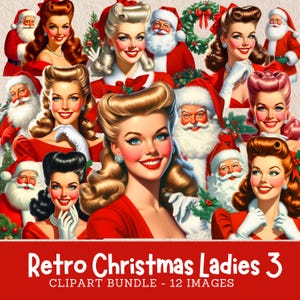 Retro Christmas Women with Santa Clipart Bundle Vintage 1940s Women Christmas Digital Images Commercial Use