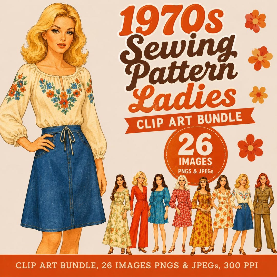 1970年代ファッションクリップアート集：レトロな女性用裁縫パターン