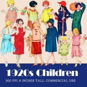 K&ouml;nnte beinhalten: Eine Sammlung von Illustrationen, die Kinder in Kleidung der 1920er Jahre zeigen, darunter Kleider, M&auml;ntel und H&uuml;te in verschiedenen Farben. Der Text unten lautet 1920s Children, 300 PPI, 15,24 CM TALL, COMMERCIAL USE. Die Figuren sind in Posen dargestellt.