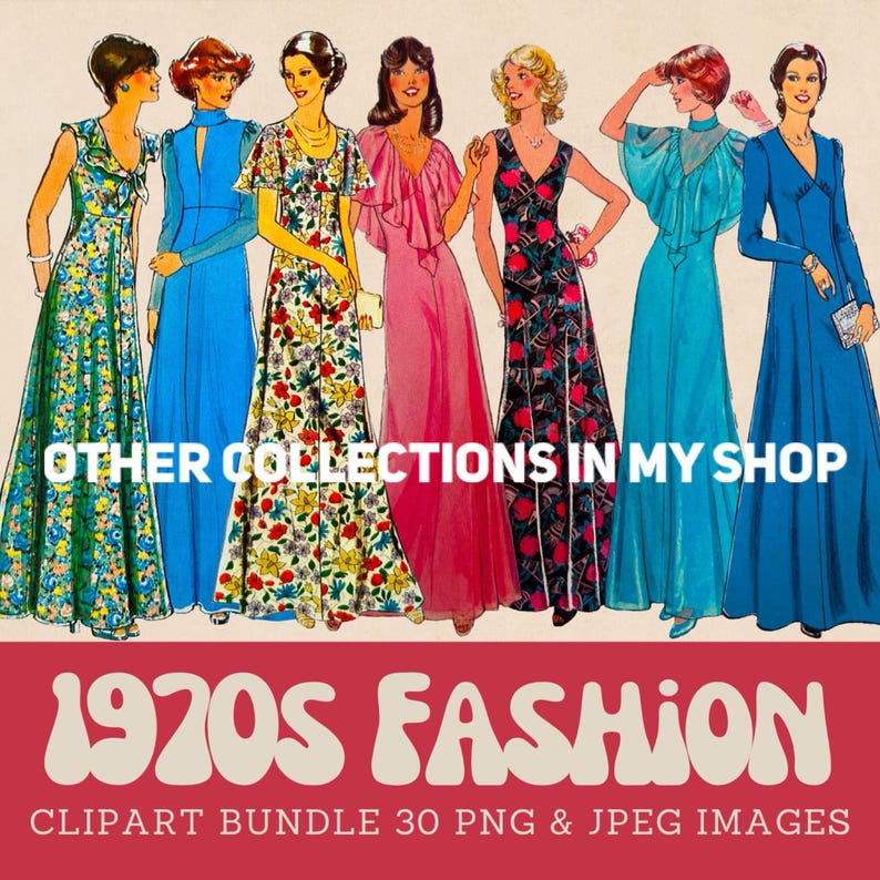 1970s sewing pattern fashion clipart, 1970s women in long dresses, vintage sewing pattern art digital images