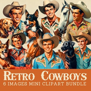 Mini-bundle de cliparts cowboy vintage Cowboy des années 1950 avec cheval Country et hommes western Cowboy rétro et chiens PNG