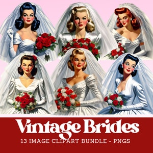 Pacote de clipart de noivas vintage, casamento retrô, noiva dos anos 1950, download de imagem digital para uso comercial