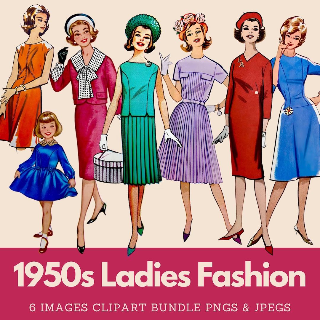 1950s Women's Fashion Clipart Bundle PNGS Vintage 50s Fussy