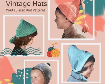 Vintage Kids Hats Knitting Pattern - Dutch Cap, Helmet, Elfin Hat and Jelly Bag Hat 1940s Children's Caps Knitted