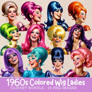 Retro Cocktail Party Mesdames portant des femmes des années 1960 portant des perruques Clipart Bundle vintage des années 1960 Happy Woman Images numériques à usage Commercial