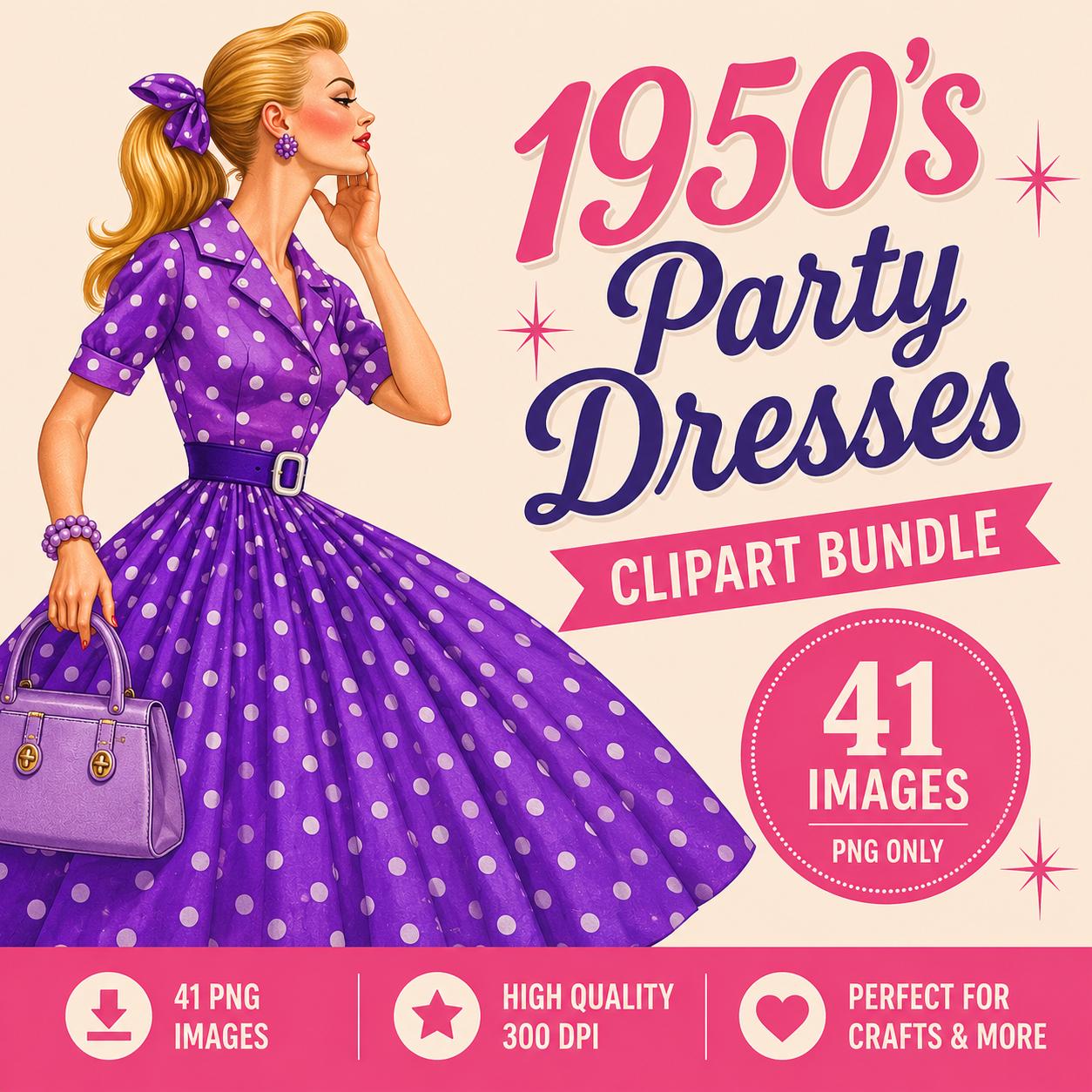 1950s Fashion Clipart: Mid-century Party Dresses (digital Images