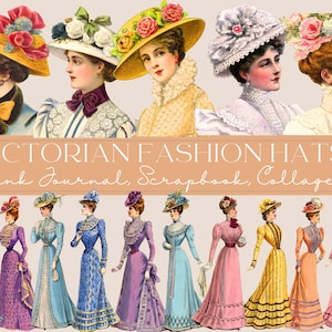 Victorian Women&#39;s Hats Clipart Bundle Vintage Millinery Digital Download Vintage Hat Clip Art Bundle for Junk Journals Collage and Gift Tags