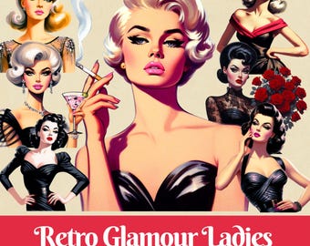1950s Glamour Women Clip Art: Retro Ladies Digital Images (Commercial Use, Digital Download
