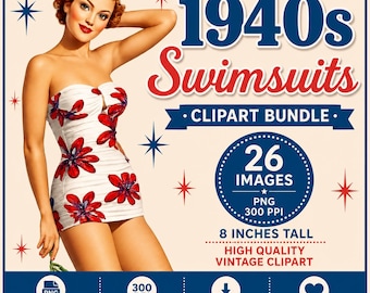 1940er Jahre Badeanzüge PNG Retro Beachwear Clipart Bundle Sofortiger Download Vintage Badeanzug Clip Art