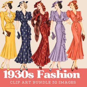 May include: A digital illustration of five figures wearing 1930s style dresses and hats in yellow, navy blue, red, lavender, and coral. The text 1930s Fashion CLIP ART BUNDLE 32 IMAGES is displayed at the bottom of the image in white font.