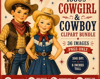 1950s Cowgirl & Cowboy Clipart Bundle: Vintage Western