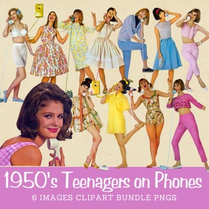 Pacchetto di clipart per ragazze del telefono degli anni '50 Midcentury Ephemera Vintage per adolescenti degli anni '50 Clipart di moda