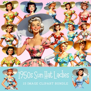 1950s Summer Dress Clipart: Mid-Century Women with Sun Hats (Commercial Use)