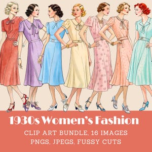 1930 年代の女性のファッション クリップアート バンドル 1930 年代の女性のドレス 1930 年代のドレス ファジー カット