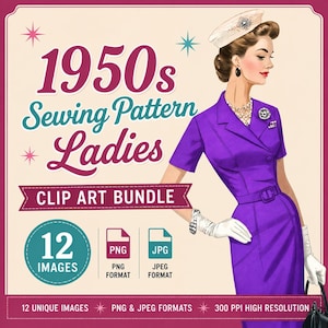 Op de afbeelding: Een digitale afbeelding met de tekst 1950s Sewing Pattern Ladies CLIP ART BUNDLE 12 IMAGES PNG JPG FORMAT. Een illustratie van een persoon in een paarse jurk met kraag, een witte pillbox-hoed, witte handschoenen en een parelketting.