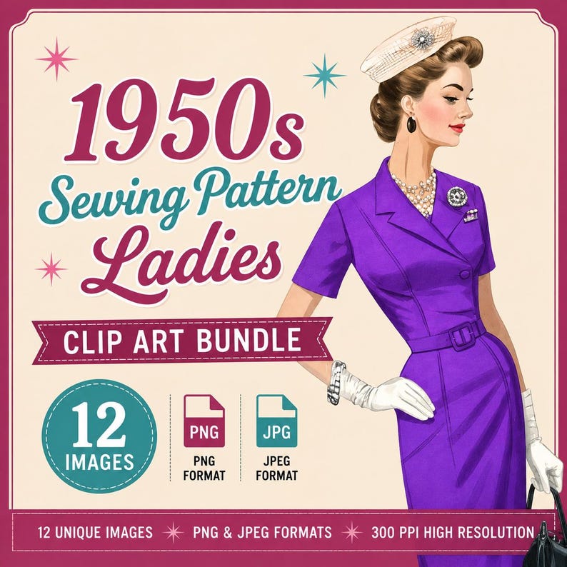 Op de afbeelding: Een digitale afbeelding met de tekst 1950s Sewing Pattern Ladies CLIP ART BUNDLE 12 IMAGES PNG JPG FORMAT. Een illustratie van een persoon in een paarse jurk met kraag, een witte pillbox-hoed, witte handschoenen en een parelketting.