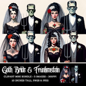 Frankenstein Clipart - Goth Bride e Frankenstein Immagini digitali - Retro Halloween Clip Art Uso commerciale