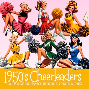 Bundle de cliparts de pom-pom girls rétro des années 1950 en téléchargement numérique pour utilisation commerciale