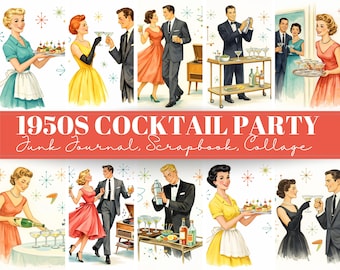1950s Cocktail Party Clipart – Atomic Retro Hostess, Martini, Bar Cart PNGs (Digital Download)