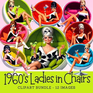 Retro Cocktail Party Mesdames dans des années 1960 Pod chaises Clipart Bundle vintage des années 1960 femmes Cocktails Images numériques à usage Commercial