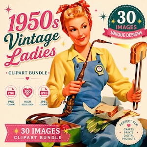 May include: A digital illustration of a person wearing a yellow shirt and blue overalls with a red headscarf, holding a welding torch to toast a slice of bread. The image features text reading 1950s Vintage Ladies Clipart Bundle and 30 Images.