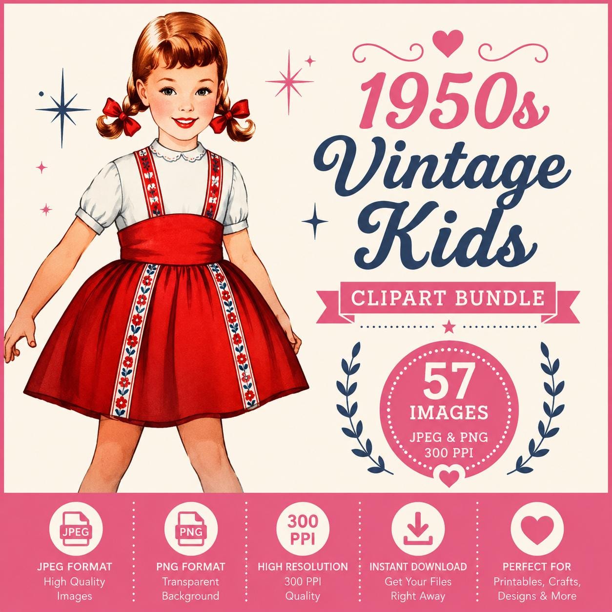 1950s Kids Clipart Bundle: Mid-century Fashion PNG (digital