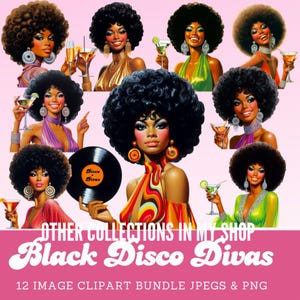 African American disco diva clipart bundle, 1970s African American woman in disco dress