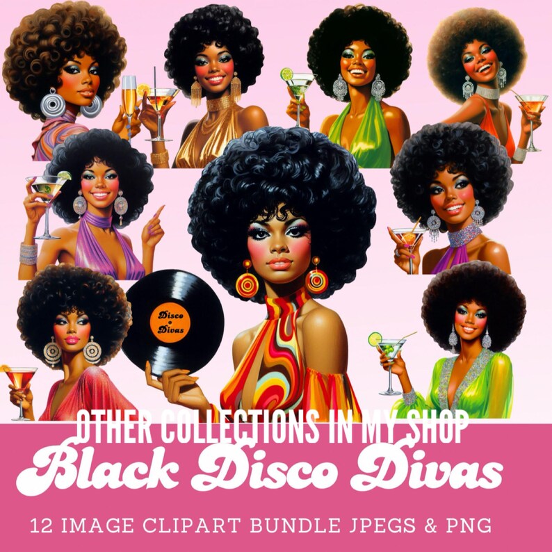 African American disco diva clipart bundle, 1970s African American woman in disco dress