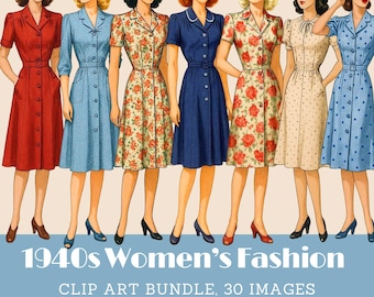1940s Fashion Clipart Bundle: Vintage Dress Illustrations (Commercial Use, Digital Download