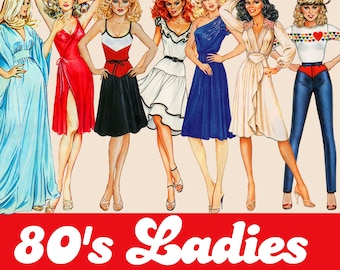 80s Fashion Clipart Bundle: Retro Ladies Illustration (Digital Download)