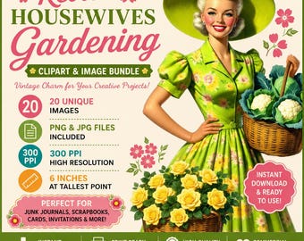 1950s Housewife Clipart: Vintage Women Gardening Images (Digital Download)