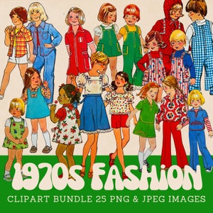 Paquete de imágenes prediseñadas de los años 70 Imágenes prediseñadas retro para niños Moda infantil vintage Paquete de imágenes prediseñadas de moda de los años 70