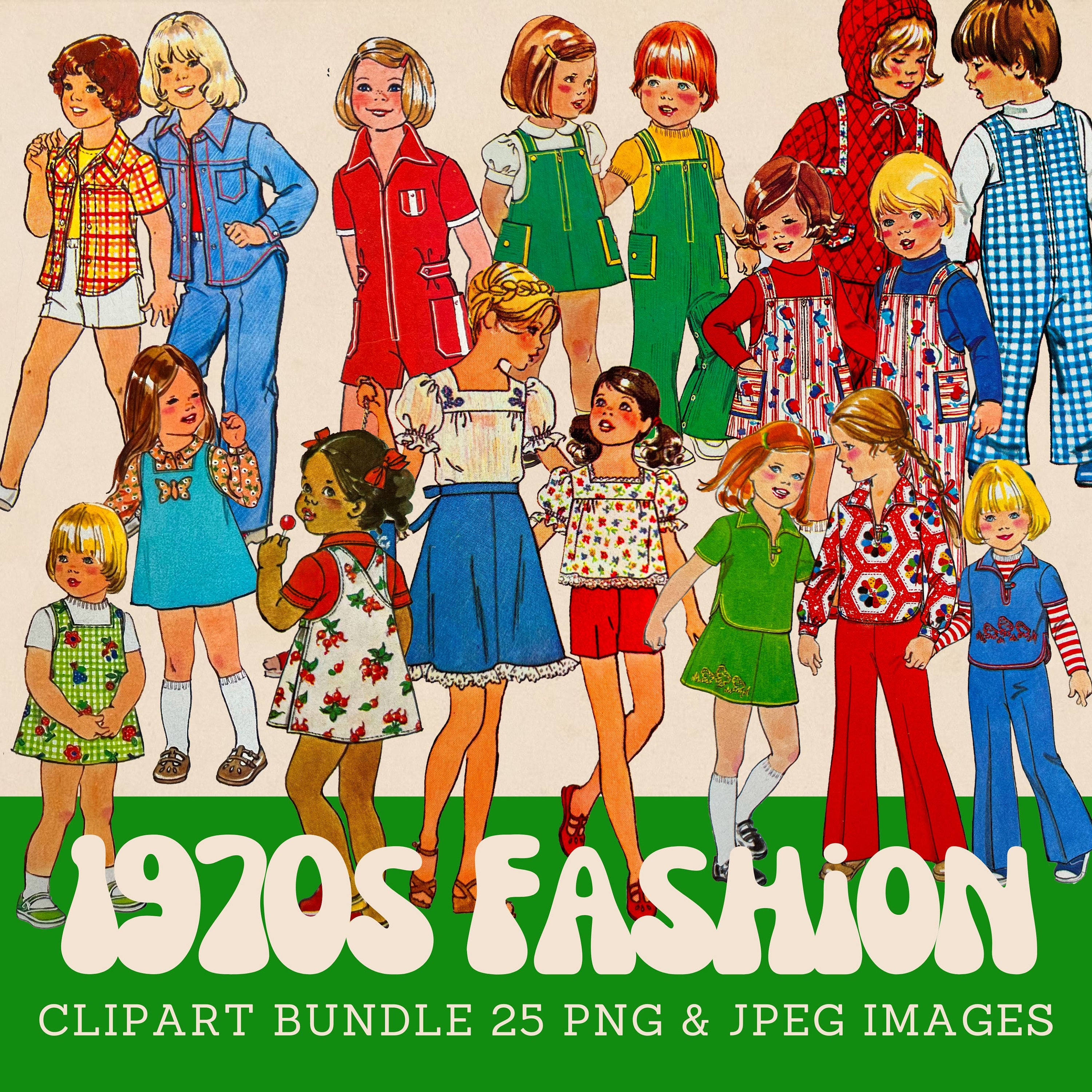 1970年代の子供服クリップアート集：レトロな子供のイラスト（PNG、JPG