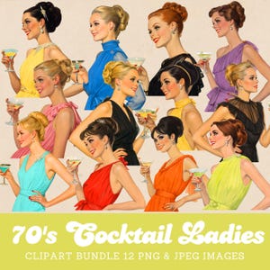 Pacchetto di clipart per feste di cocktail retrò per donne Immagini digitali per cocktail vintage per donne degli anni '70 Uso commerciale Donne retrò anni '70 che bevono cocktail