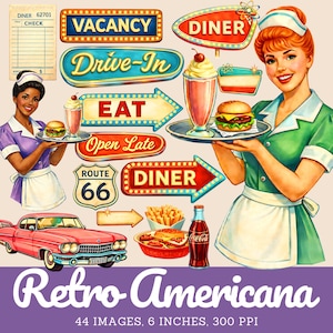 May include: A collection of retro Americana graphics featuring two servers in uniforms, a pink classic car, neon-style signs reading Vacancy, Drive-In, Eat, Open Late, and Route 66, plus diner food like burgers, milkshakes, fries, and a Coca-Cola bottle.