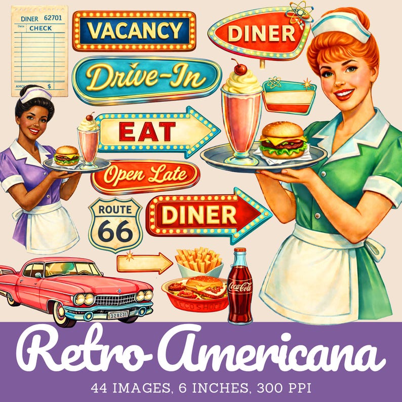 May include: A collection of retro Americana graphics featuring two servers in uniforms, a pink classic car, neon-style signs reading Vacancy, Drive-In, Eat, Open Late, and Route 66, plus diner food like burgers, milkshakes, fries, and a Coca-Cola bottle.