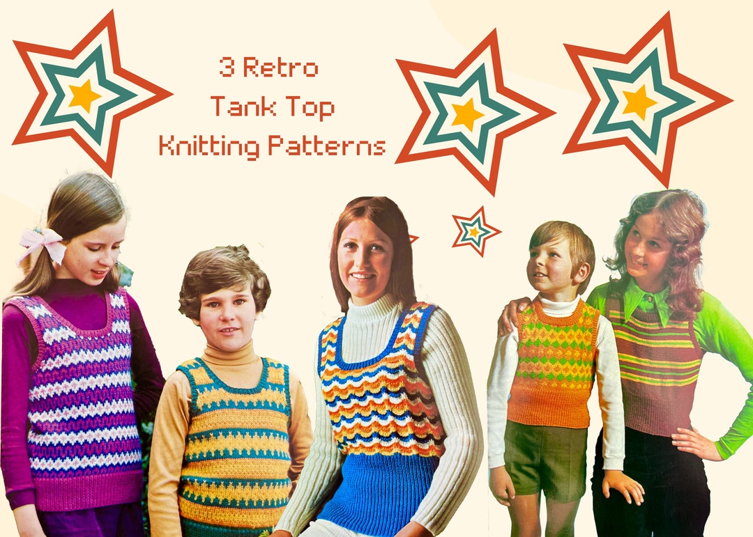 Retro 1970s Tank Top Knitting Patterns Woman Fair Isle Vest Vintage