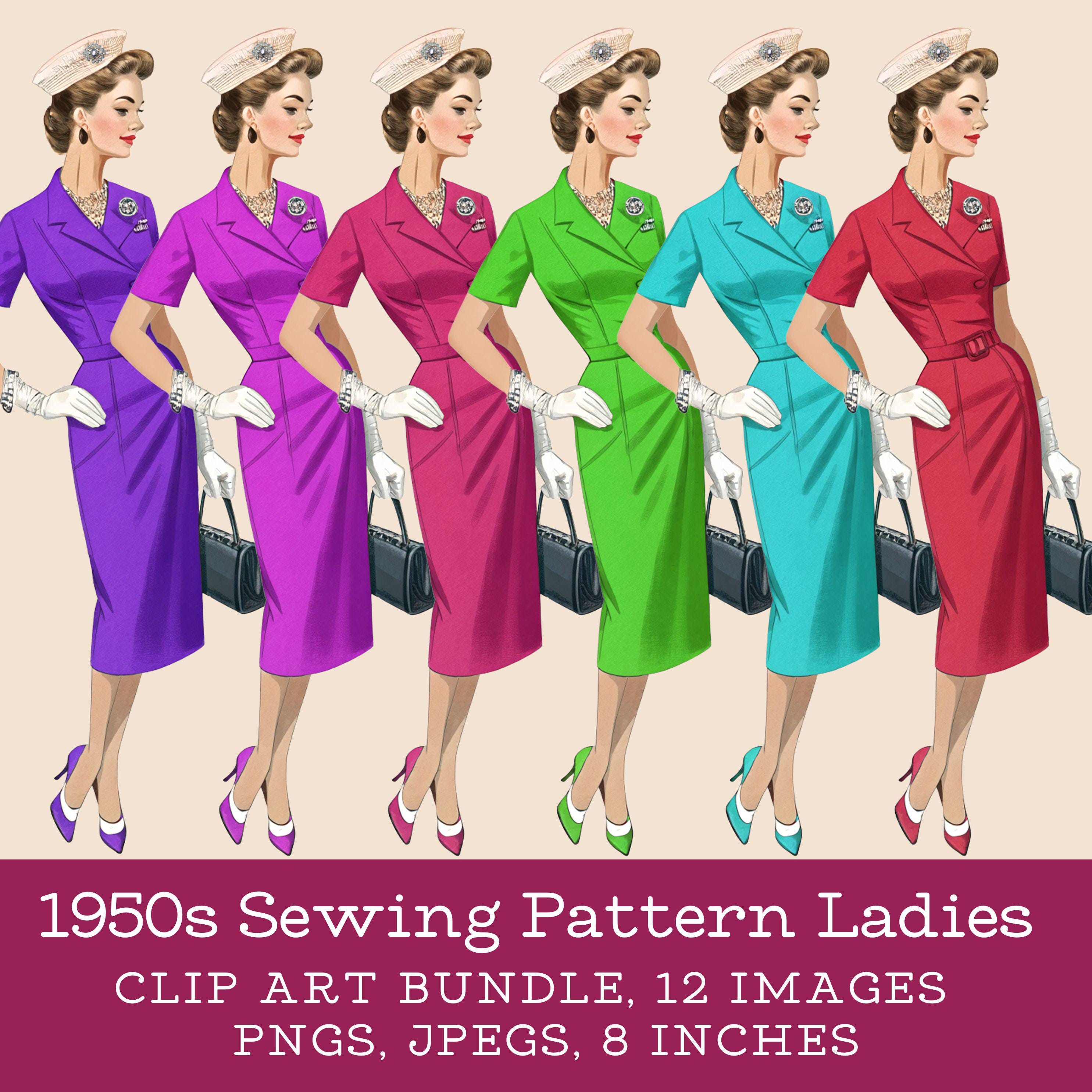 1950s Fashion Clip Art: Ladies Dresses, Digital Images (JPEG, PNG