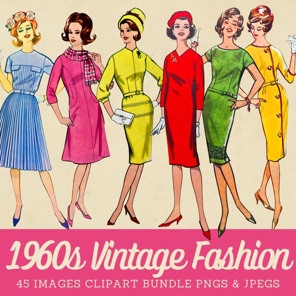 Bundle de cliparts mode des années 1960, mode féminine du milieu du siècle, articles éphémères de mode vintage des années 1960 pour les coupes difficiles, les étiquettes cadeaux et les journaux indésirables