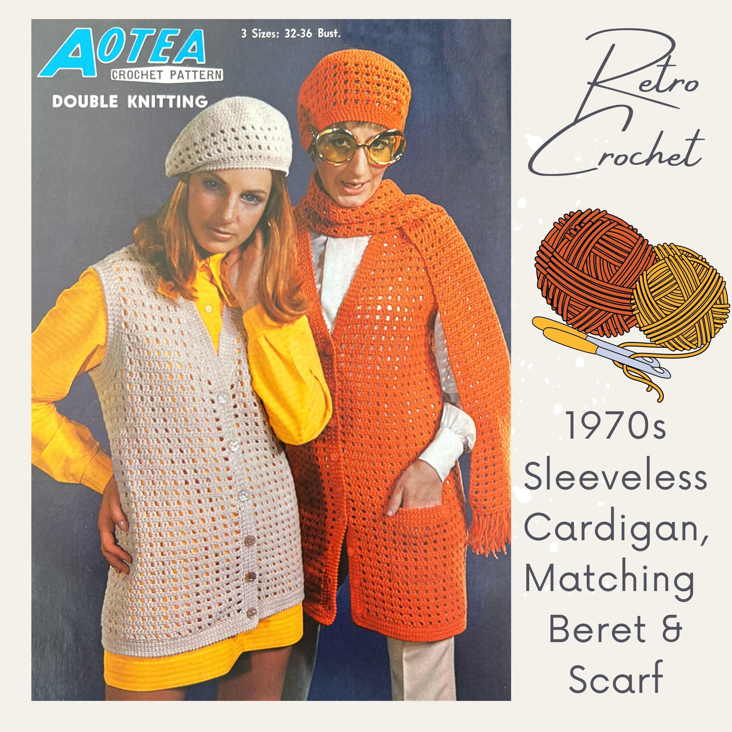 1970s Crochet Vest, Beret & Scarf Pattern: Vintage Retro  display picture 1