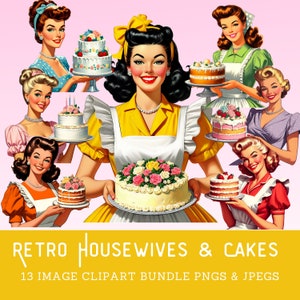 Retro Housewives with Cakes Clipart Bundle 1950s Women Vintage Housewife digital image download