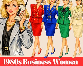 80年代ファッションクリップアートバンドル：1980年代の携帯電話を持っ