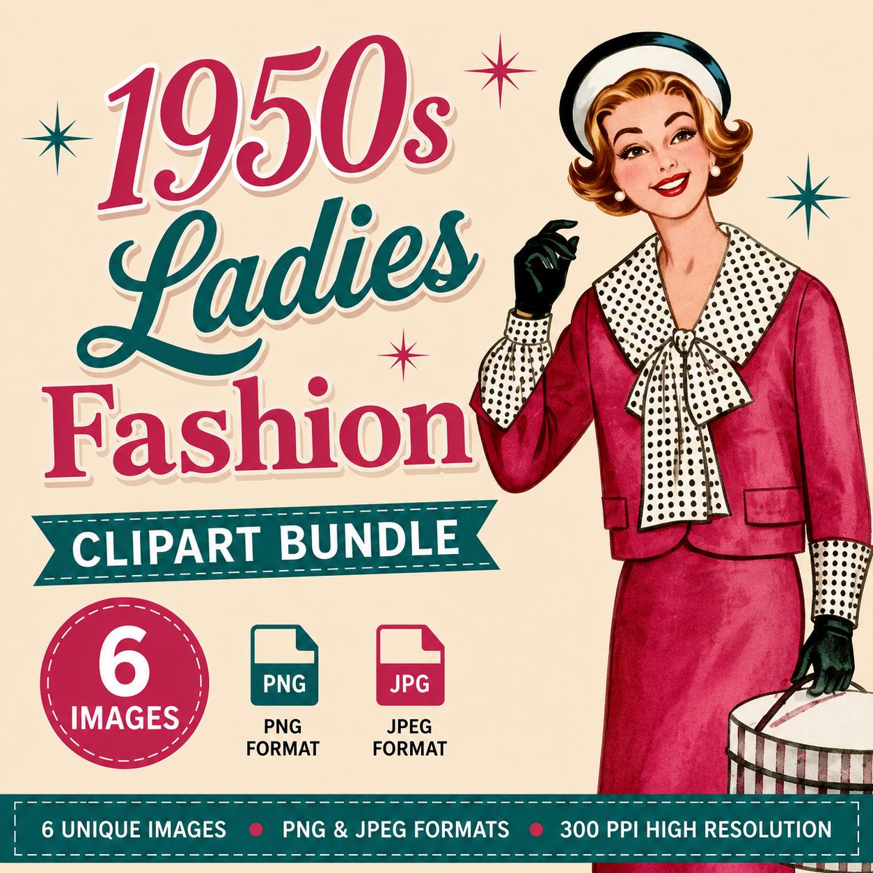 1950s Women's Fashion Clipart Bundle PNGS Vintage 50s Fussy Cut