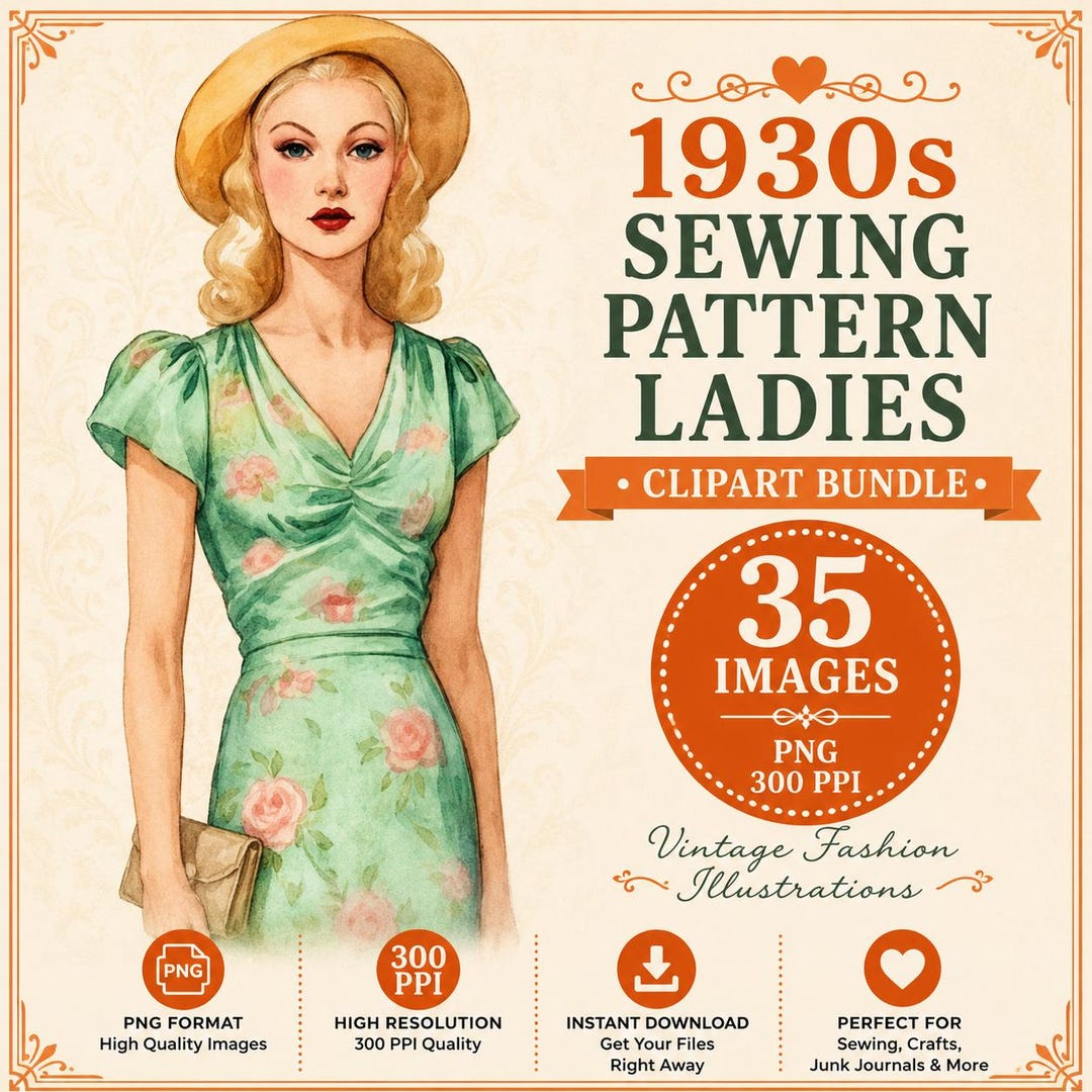 1930s woman dress 249 1930's Day Panel Bias 1930s Fashion Clipart Bundle: Women's