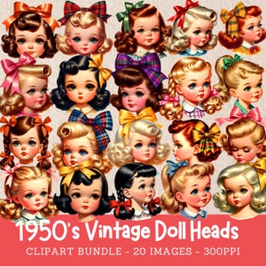 Pacote de clipart de cabeça de boneca vintage, bonecos dos anos 1950, imagens digitais, uso comercial
