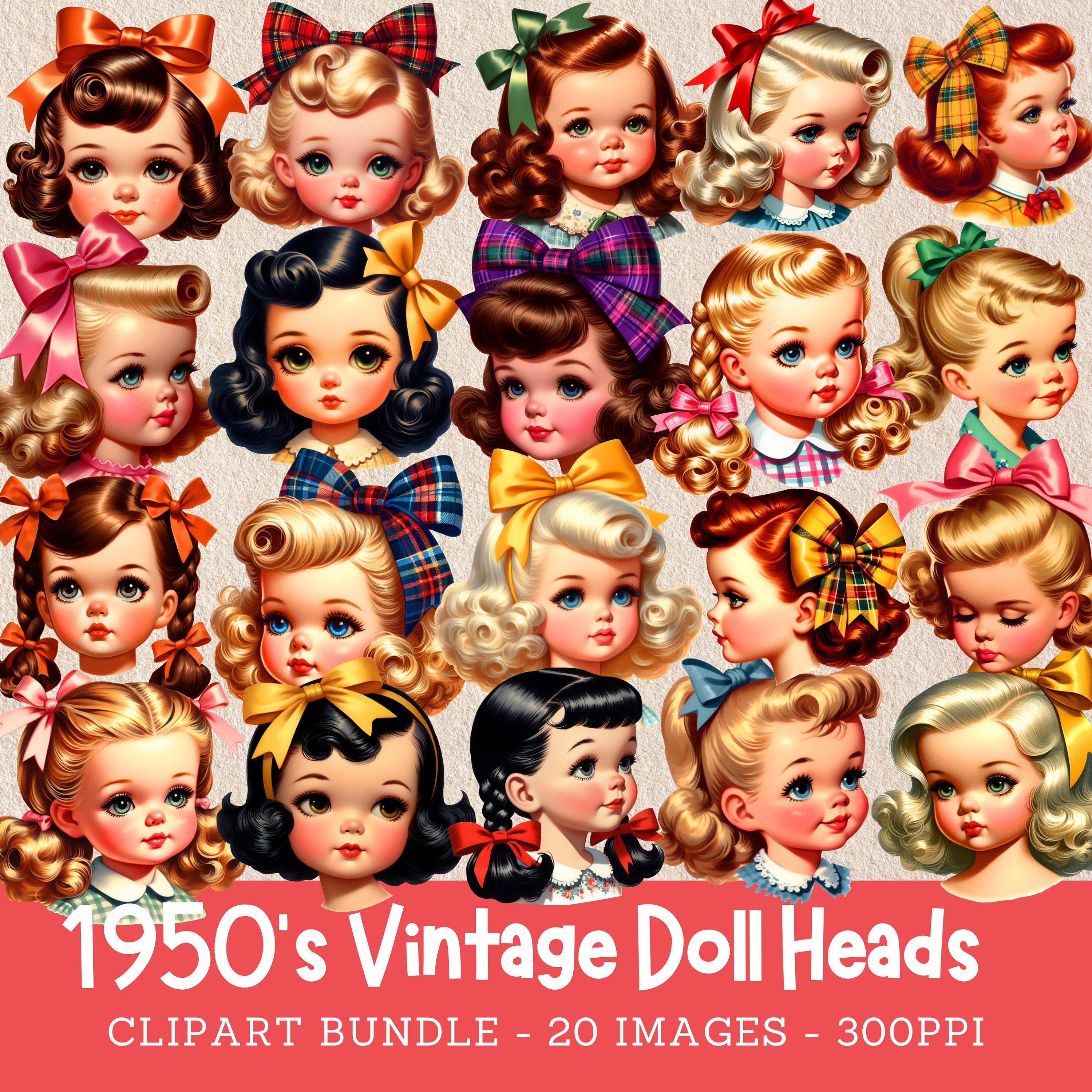 Vintage Doll Head Clipart Bundle 1950s Dolls Digital Images Commercial Use